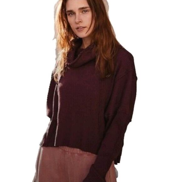 Free People Juicy Sweater Thermal XS slouchy Oversized cotton Maroon Burgundy - Picture 1 of 12